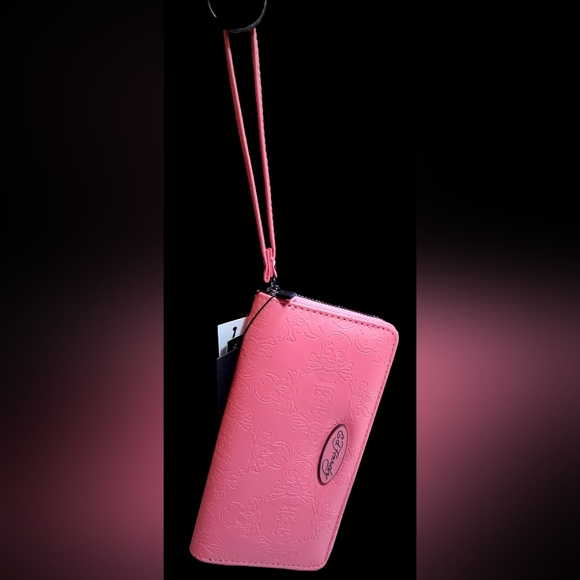 Womens Pink Skull Embossed Ed Hardy Wallet + Wristlet Strap - Picture 2 of 5